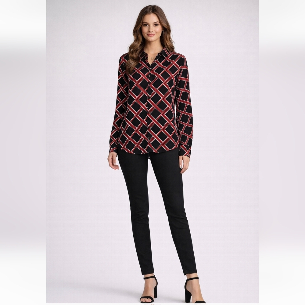 NWOT Michel Women Black and Red Printed Top, Size L